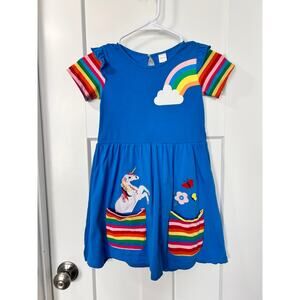 Penelope Plum Girls’ Rainbow Dress Unicorn Patch and Striped Accents Blue 7‎